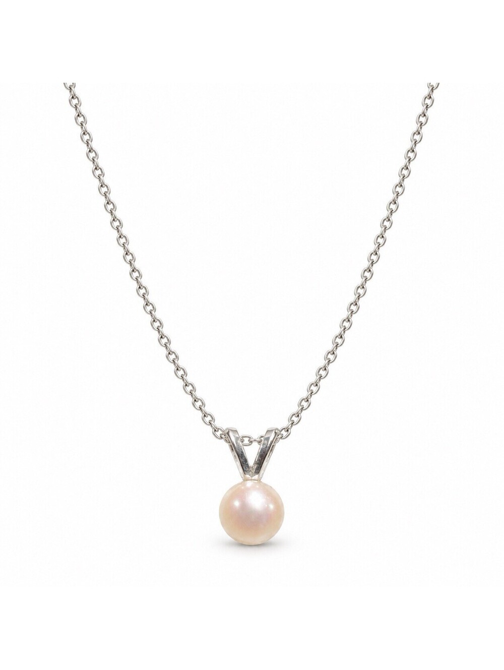 18K White Gold Solitaire Cultured Pearl Pendant Chain Necklace 18" 2.39g